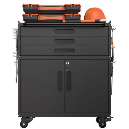 34.3" Rolling Metal Tool Cabinet Heavy Duty Garage Storage with Lockable Doors & 3 Drawers