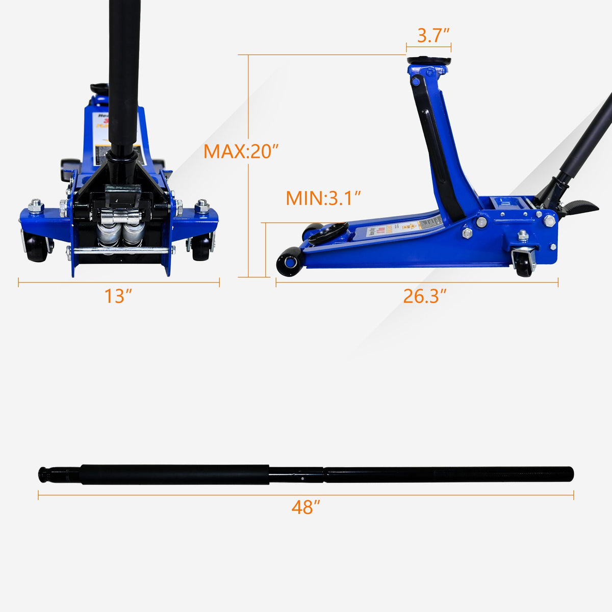 3T Heavy Duty Horizontal Double Pump Floor Jack Dual Piston Quick Lift 3 Ton (6,600 lb) Capacity
