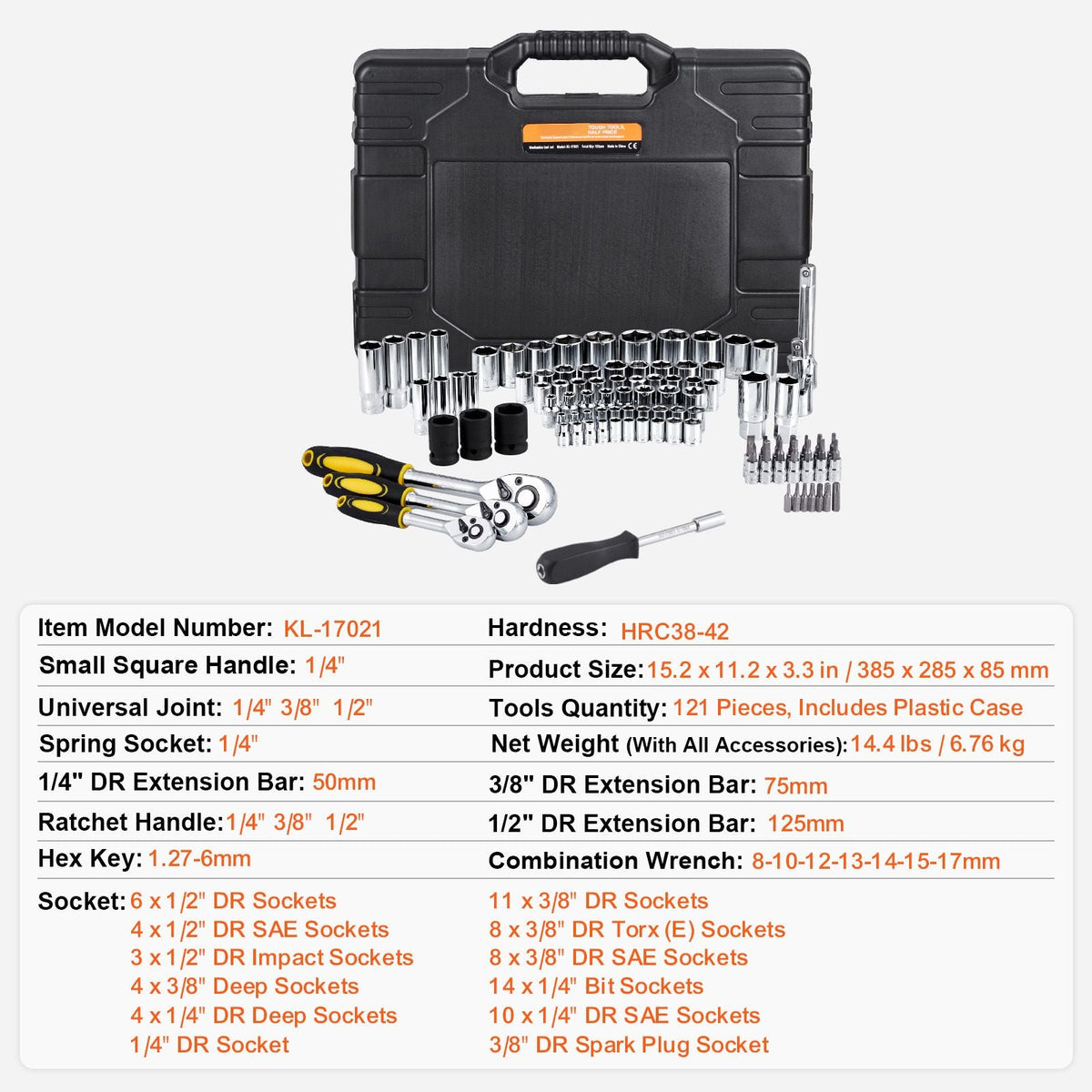 121-Piece Mechanics Tool Set 1/4" 3/8" 1/2" Drive Sockets SAE and Metric Mechanic Tool Kit