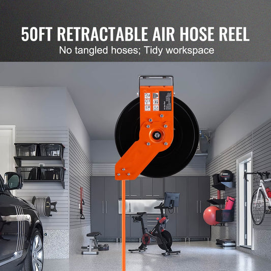 Retractable Air Hose Reel 3/8 IN x 50 FT Hybrid Air Hose Max 300PSI with 5 In Lead