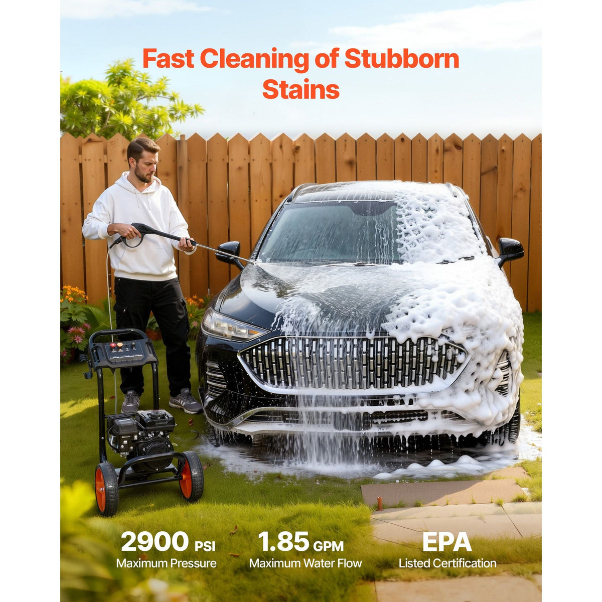 Gas Pressure Washer 2900 PSI and 1.85 Max GPM Upgrade Aluminum Pump with Spray Gun and Wand