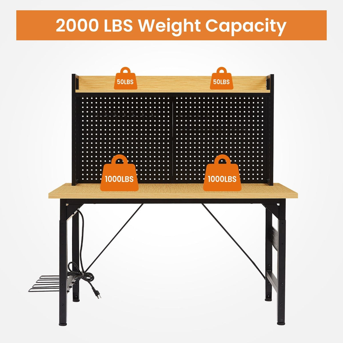 48''Adjustable Workbench with pegboard Heavy Duty Wooden Desktop with Wheels
