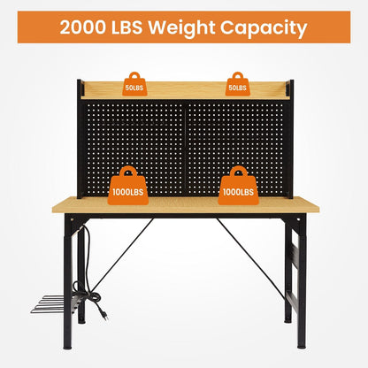 48''Adjustable Workbench with pegboard Heavy Duty Wooden Desktop with Wheels