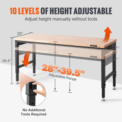 Adjustable Workbench 72" L X 25" with 28-39.5" Adjustable Heights & 3000 LBS Load Capacity