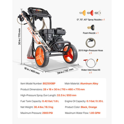 Gas Pressure Washer 2900 PSI and 1.85 Max GPM Upgrade Aluminum Pump with Spray Gun and Wand