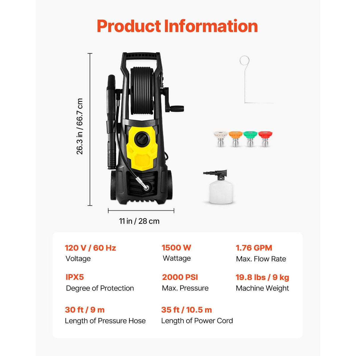 Electric Pressure Washer 2000 PSI Max. 1.76 GPM Power Washer w/ 30 ft Hose