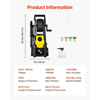 Electric Pressure Washer 2000 PSI Max. 1.76 GPM Power Washer w/ 30 ft Hose