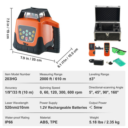Laser Level 2000ft 360 Degree Self Leveling Green Cross Line Laser 5 Rotation Speeds & 4 Scanning Angles Adjustment IP66 Waterproof Remote Control Manual Self-leveling Mode Battery Included