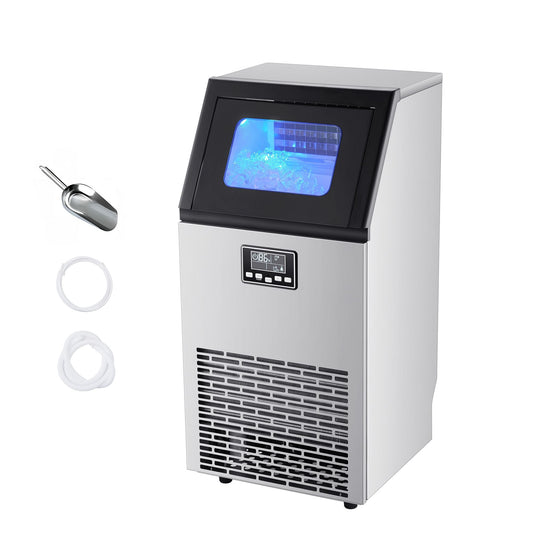Commercial Ice Maker Machine 100lbs/24h with 28Lbs Storage Stainless Steel Freestanding & Under Counter Ice Maker
