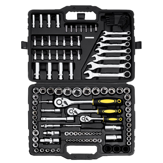 121-Piece Mechanics Tool Set 1/4" 3/8" 1/2" Drive Sockets SAE and Metric Mechanic Tool Kit