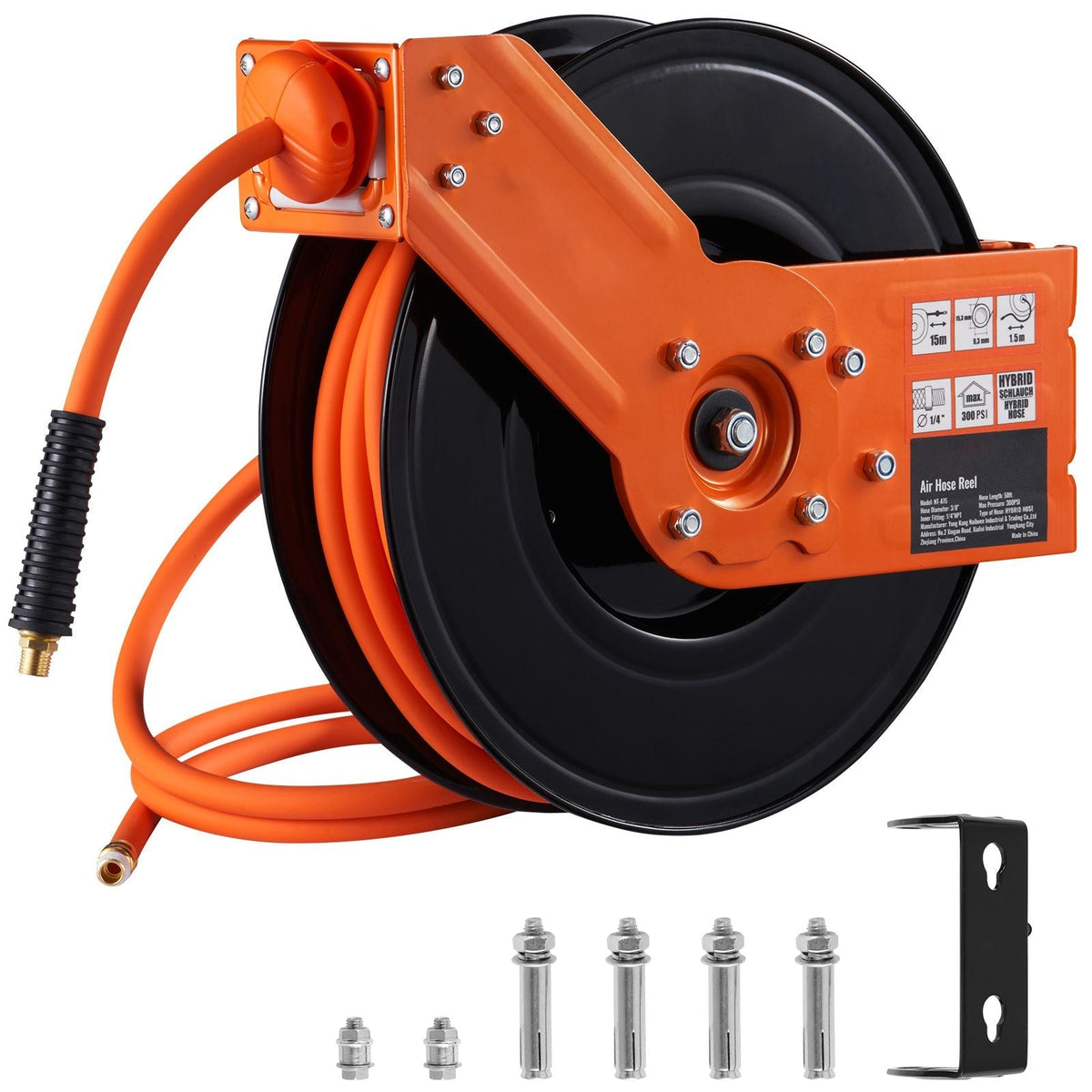 Retractable Air Hose Reel 3/8 IN x 50 FT Hybrid Air Hose Max 300PSI with 5 In Lead