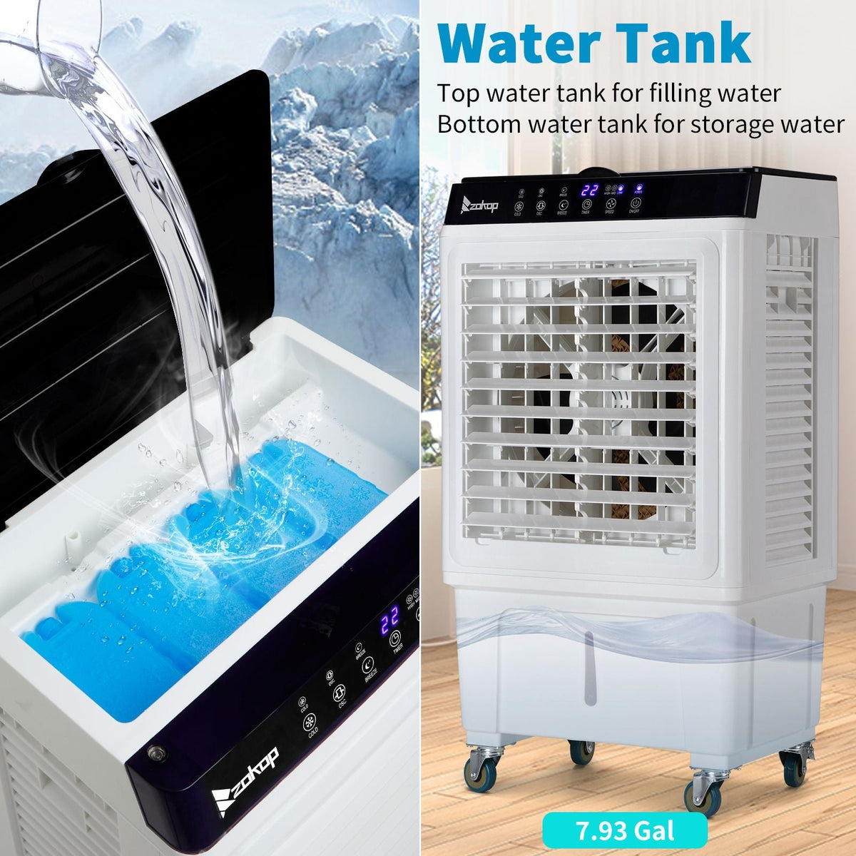 3 in 1 Portable Evaporative Cooler 2353CFM Personal Air Cooler with remote 7.93 Gal Water Tank