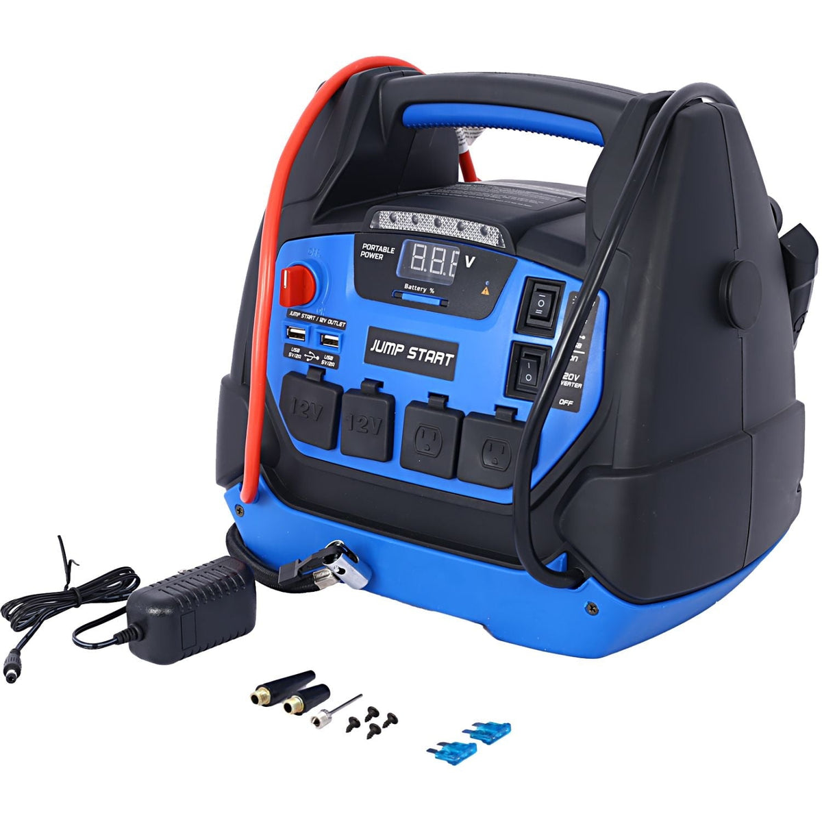 Rechargeable Jump Starter for Gas Diesel Vehicles 1800 Amps with Air Compressor and Power Bank