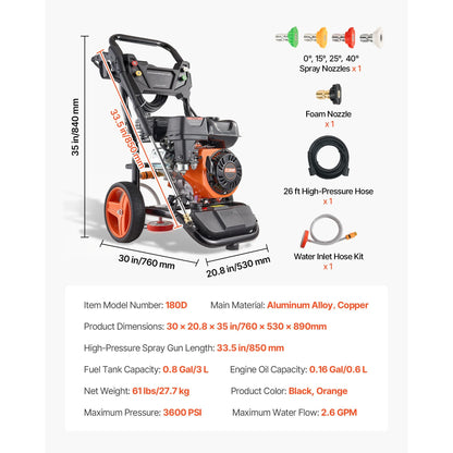 Gas Pressure Washer 3600 PSI and 2.6 Max GPM Pump Spray Gun and Wand 26 ft Hose