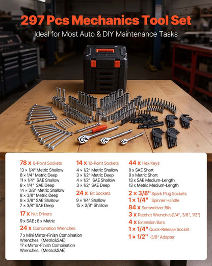 297-Piece Mechanic Tool Kit 1/4 in, 3/8 in, and 1/2 in Drive SAE and Metric Socket Set