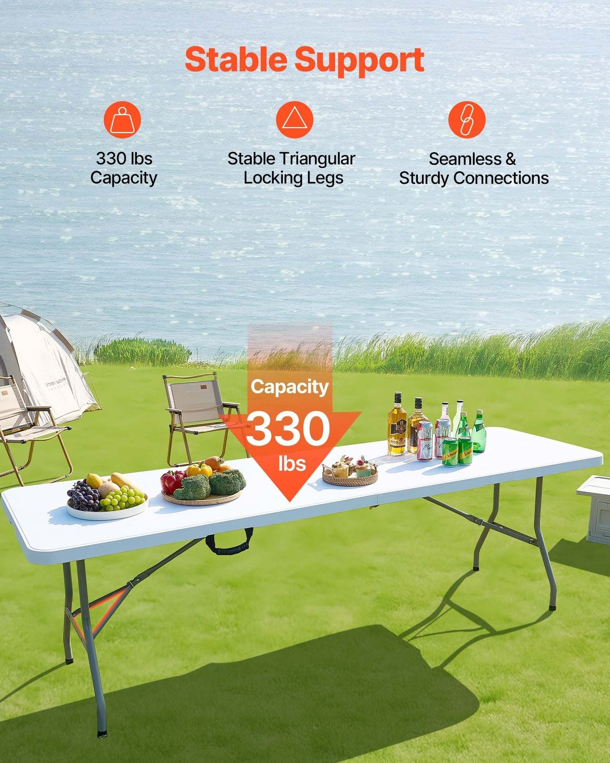 Folding Table 8 Ft Heavy Duty Portable Fold-in-Half Utility Table