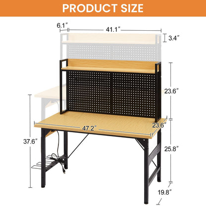 48''Adjustable Workbench with pegboard Heavy Duty Wooden Desktop with Wheels