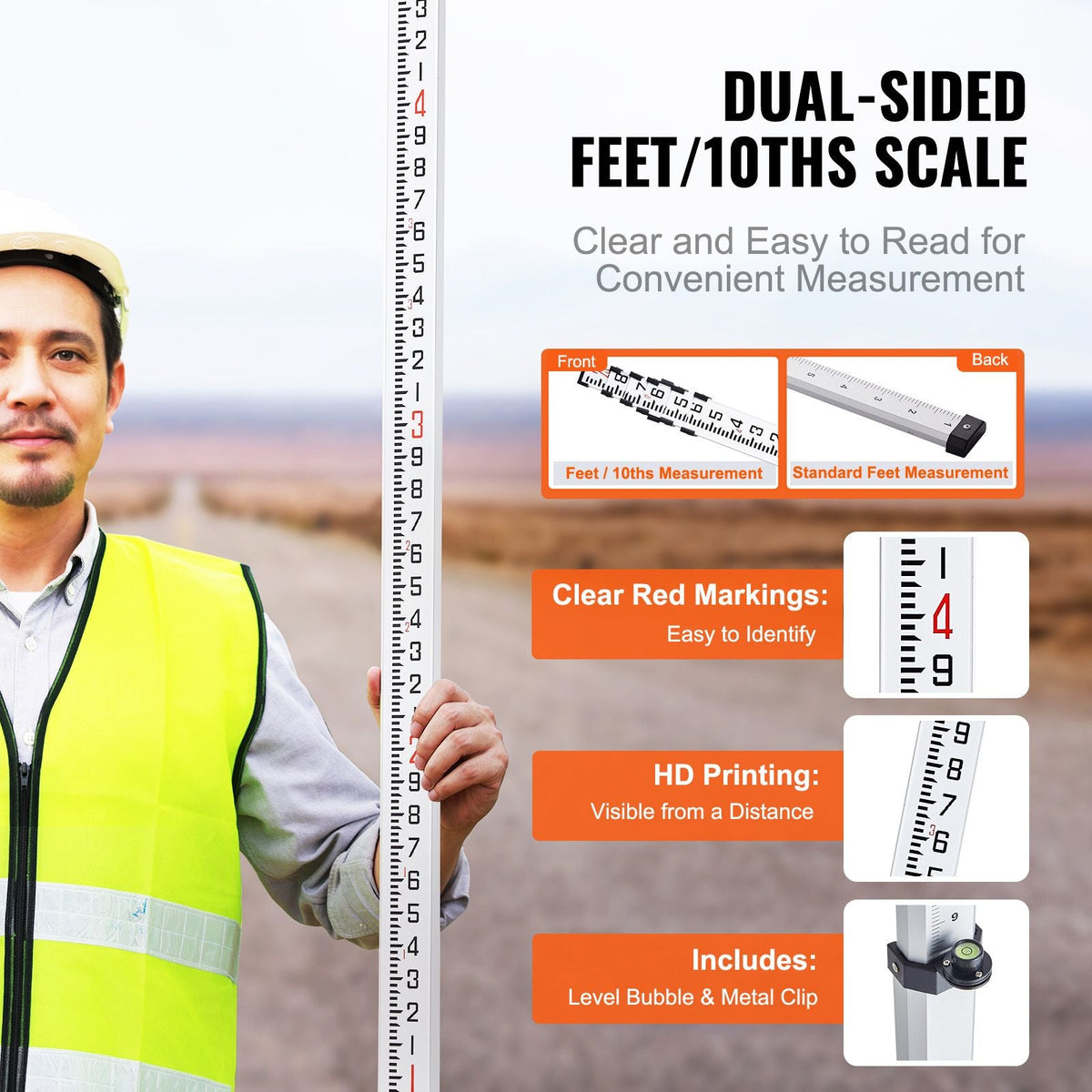 Aluminum Grade Rod 25-Feet/10ths Telescopic Measuring Double-Sided Scale 1/10ft Leveling Rod Stick