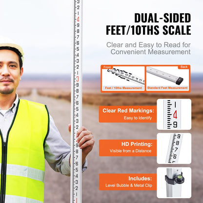 Aluminum Grade Rod 25-Feet/10ths Telescopic Measuring Double-Sided Scale 1/10ft Leveling Rod Stick
