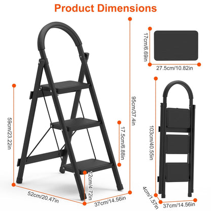 3-Step Foldable Ladder With Wide Anti-Slip Pedal Safety Locking Design