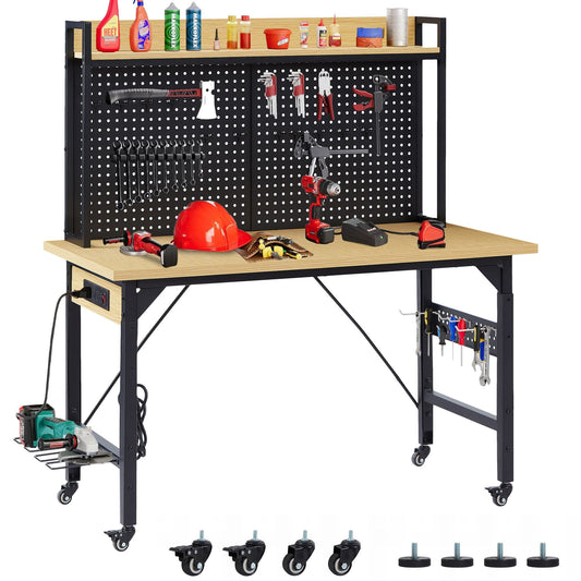 48''Adjustable Workbench with pegboard Heavy Duty Wooden Desktop with Wheels