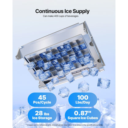 Commercial Ice Maker Machine 100lbs/24h with 28Lbs Storage Stainless Steel Freestanding & Under Counter Ice Maker