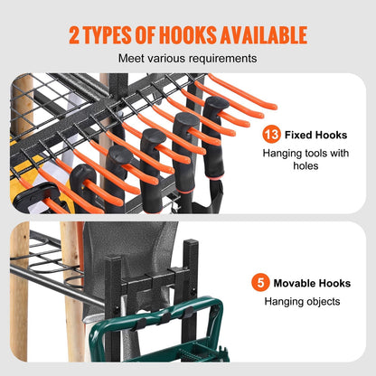 Garden Tool Organizer 16 Slots with Hooks with Wheels for Garage Organization and Storage