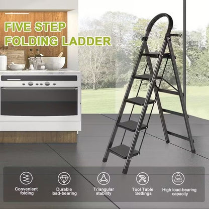 5 Step Ladder with Anti-Slip Pedals Foldable Steel Step Stool with Tool Tray 300LBS Capacity