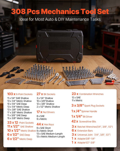 308-Piece Mechanic Tool Kit 1/4 in, 3/8 in, and 1/2 in Drive, SAE and Metric Socket Set