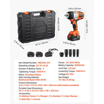 1/2 in Cordless Impact Wrench High Torque 20V Electric Impact Wrench Brushless Motor