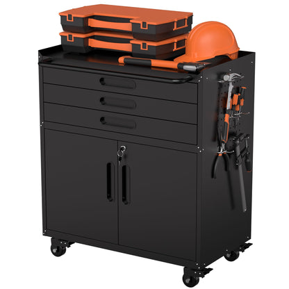 34.3" Rolling Metal Tool Cabinet Heavy Duty Garage Storage with Lockable Doors & 3 Drawers