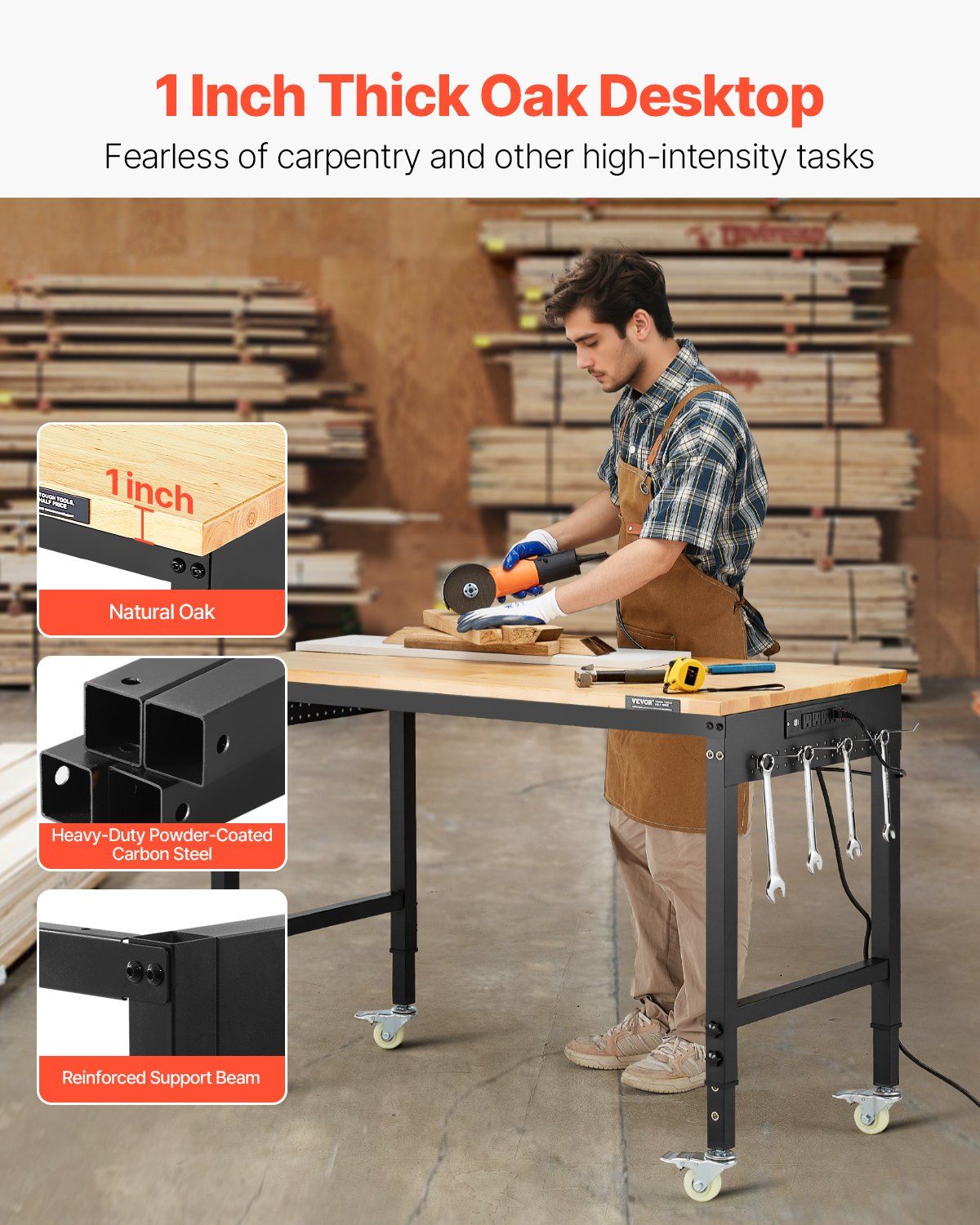 48-Inch Adjustable Workbench 2000 lbs Load with Power Outlet