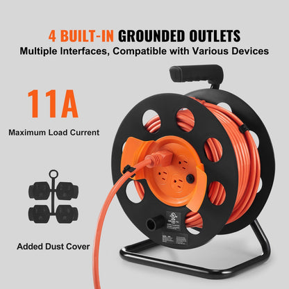Extension Cord Reel 100FT with 4 Outlets and Dust Cover Heavy Duty 14AWG Power Cord