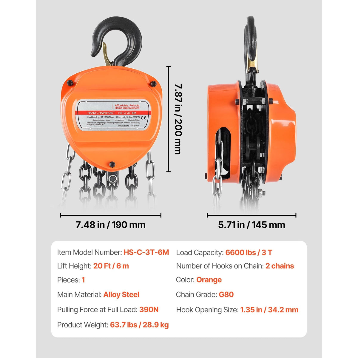 Heavy Duty Hand Chain Hoist 3 Ton 6600 lbs Capacity with Upgraded G80 Galvanized Chain 20 ft Lifting Height