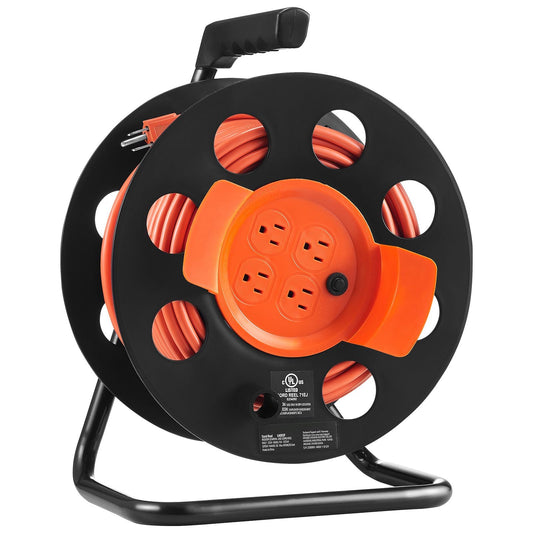 Extension Cord Reel 100FT with 4 Outlets and Dust Cover Heavy Duty 14AWG Power Cord