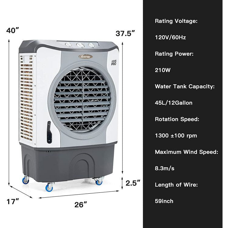 4-in-1 Industrial Evaporative Air Cooler Fan with 12 Gallon Tank