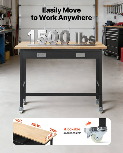 48-inch Workbench 1500 lbs Load Capacity with Drawer Storage & Wheels