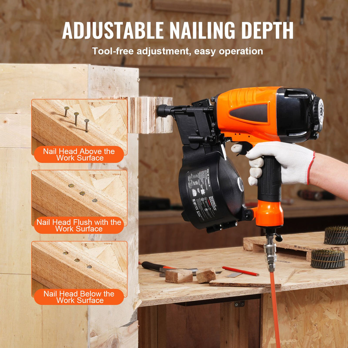 Coil Siding Nailer CN65 1-1/4" to 2-1/2" 15 Degree Pneumatic Siding Nail Gun with Tool-Less Depth Adjustment 70-120PSI