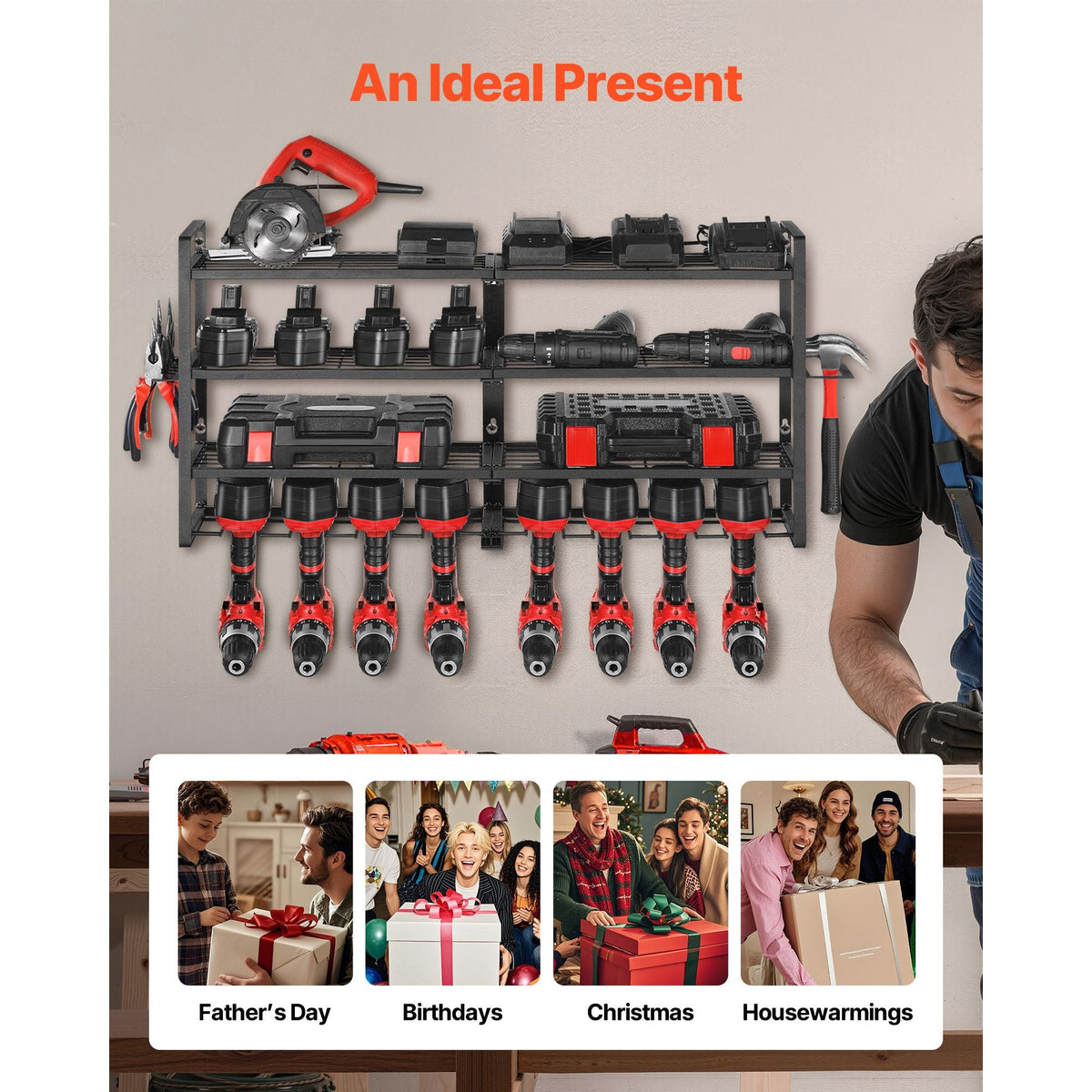 Power Tool Organizer Wall Mount Storage Rack with 8 Drill Holders Garage Tool Organizer