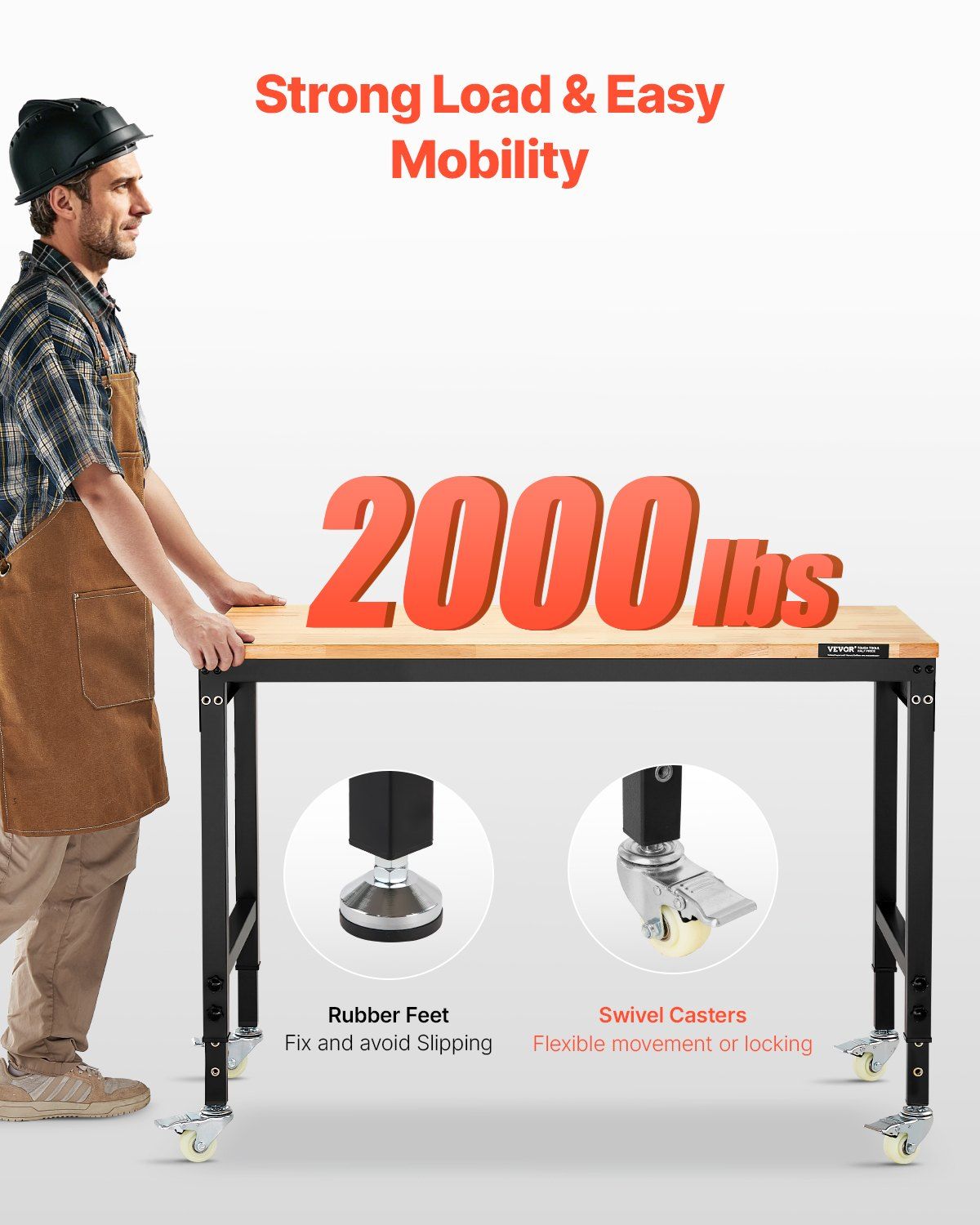48-Inch Adjustable Workbench 2000 lbs Load with Power Outlet