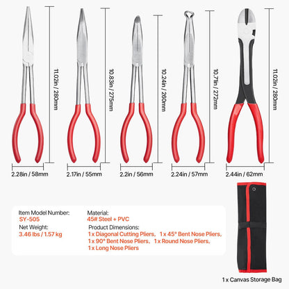 5-Piece Needle Nose Pliers 11 in Long Needle Nose Pliers Set Professional Pliers Set with Storage Bag