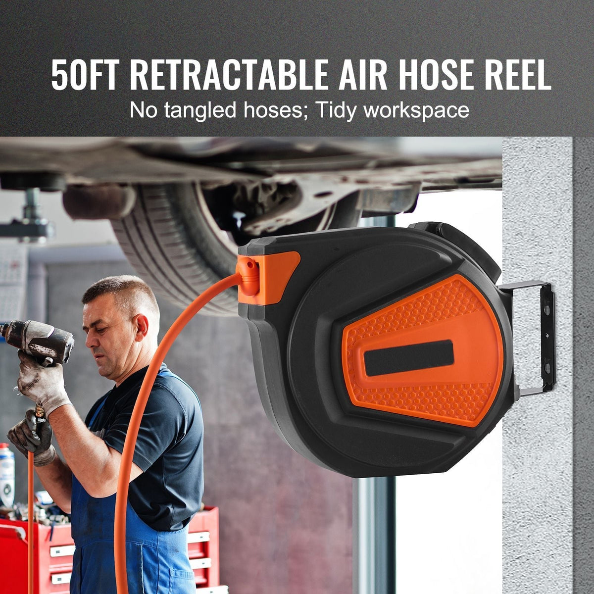 Retractable Air Hose Reel 3/8 IN x 50 FT Hybrid Air Hose Max 300PSI with 5 In Lead 180° Swivel Mount