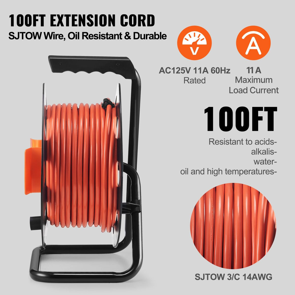 Extension Cord Reel 100FT with 4 Outlets and Dust Cover Heavy Duty 14AWG Power Cord