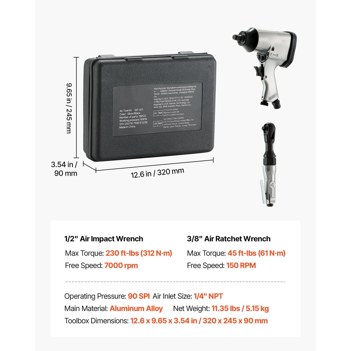 Pro Air Tool and Accessories Kit 1/2" Air Impact Wrench & 3/8" Ratchet Wrench Combo 19 Pieces