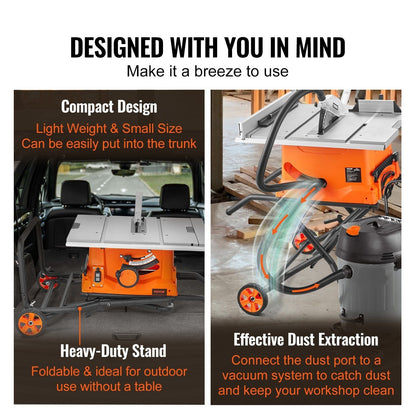 Compact Portable Table Saw with Stand 10-inch 15-Amp