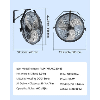 18 Inch Industrial Wall Mount Fan High Velocity 4000 CFM Fan with 3 Speeds