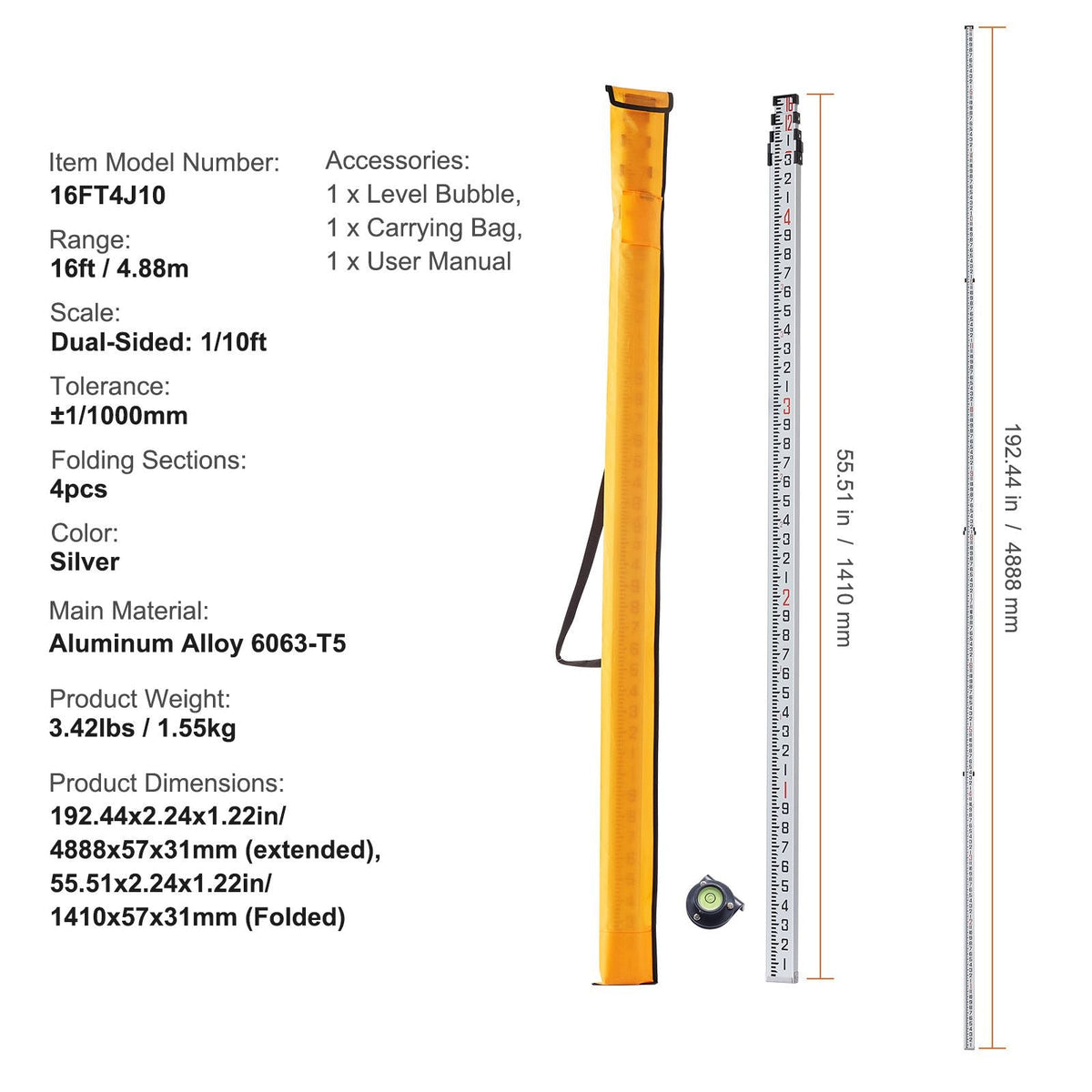Aluminum Grade Rod 16-Feet/10ths Telescopic Measuring Double-Sided Scale 1/10ft Leveling Rod Stick