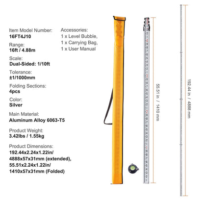 Aluminum Grade Rod 16-Feet/10ths Telescopic Measuring Double-Sided Scale 1/10ft Leveling Rod Stick