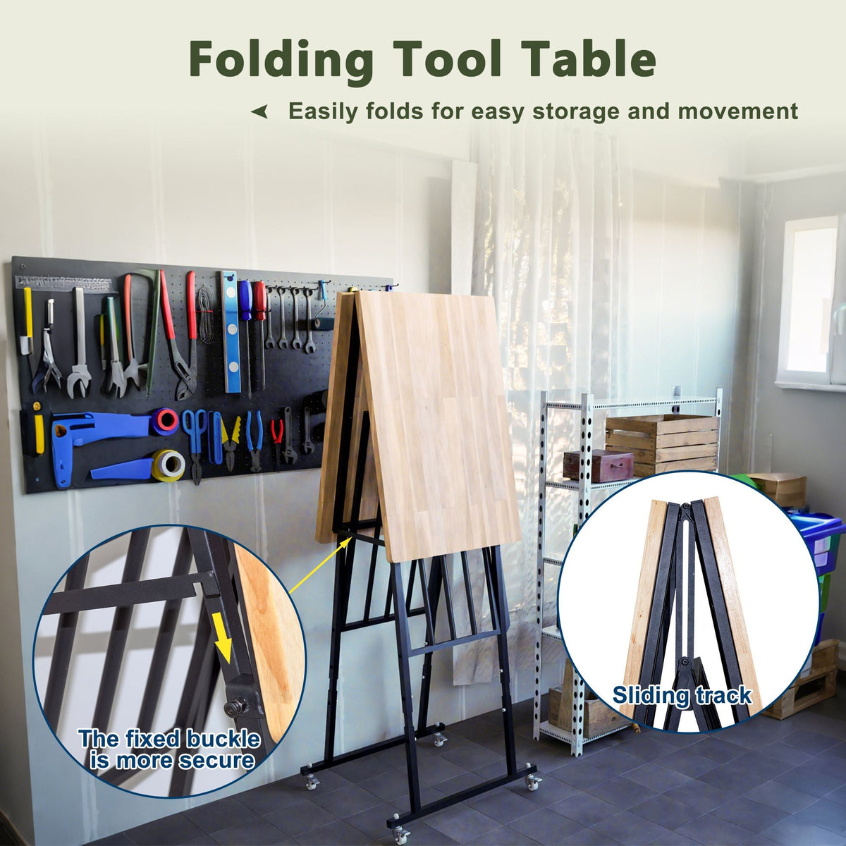 Foldable Hardwood Workbench Adjustable Wood-Top Utility Table with Locking Casters