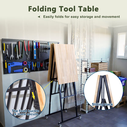 Foldable Hardwood Workbench Adjustable Wood-Top Utility Table with Locking Casters